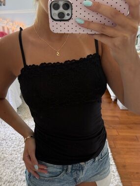 Black Lace Trim Spaghetti Strap Cami Top